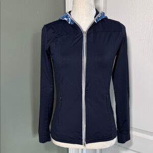 Chervo Navy Sunblock Full Zip Hoodie Jacket Floral Hood Trim Size S